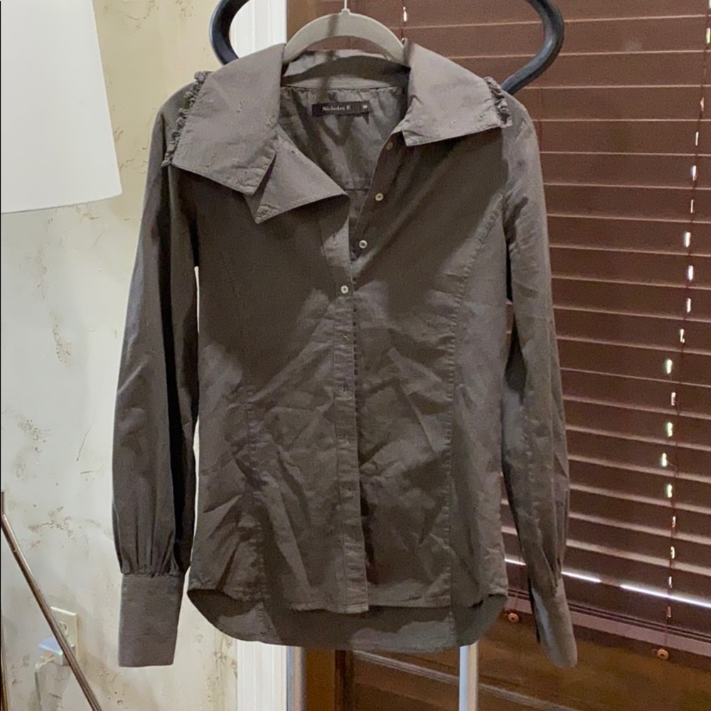 Brown Button Down With Asymmetrical Neckline - image 1